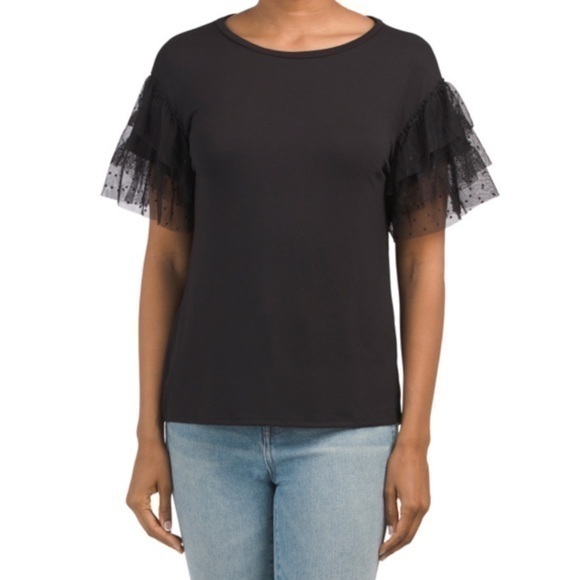 Ava James Black Polka Dot Mesh Short Sleeve Round Neck Blouse Xl Nwt